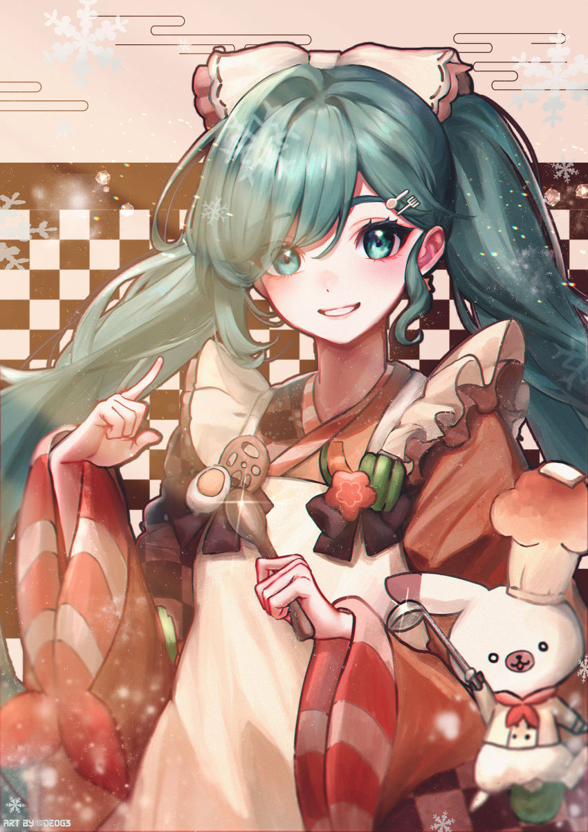 1girl, absurdres, apron, aqua_eyes, aqua_hair, artist_name, black_bow, bow