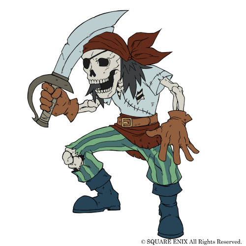 1boy, bandana, belt, black_hair, copyright_notice, cursed_sailor_(grimms_notes), eyepatch, flat_color, full_body, gloves, grimms_notes, holding, holding_sword, holding_weapon, lowres, male_focus, monster, official_art, red_bandana, simple_background, skeleton, solo, sword, torn_clothes, weapon, white_background, zaebos