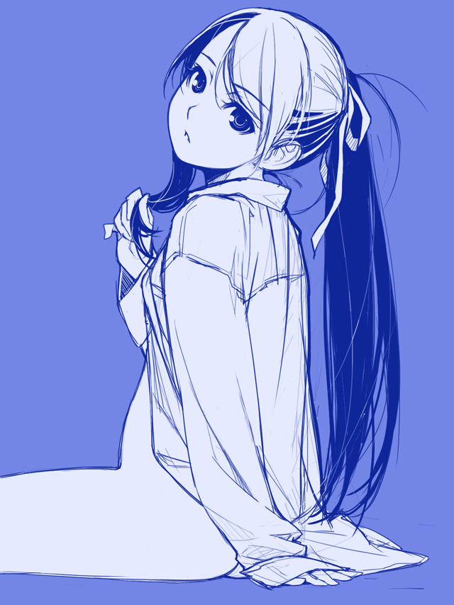 hair_ribbon, hand_in_hair, ino, mochizuki_nonoka, monochrome, naked_shirt, otome_function, ponytail
