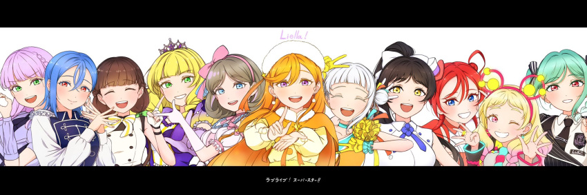 6+girls, :d, ^_^, aqua_hair, arashi_chisato, arched_bangs, asymmetrical_sleeves, beret