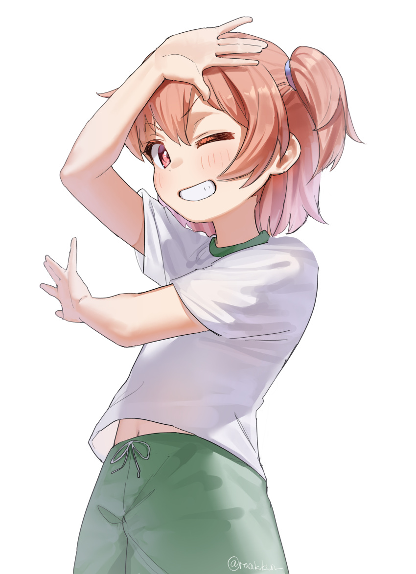 1girl, ;d, absurdres, arm_up, blush, brown_hair, commentary, cowboy_shot