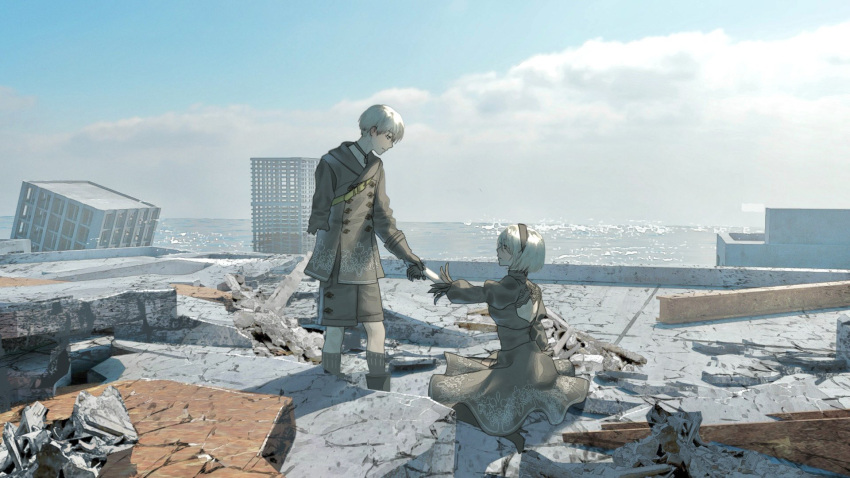 1boy, 1girl, 2b_(nier:automata), 9s_(nier:automata), abandoned, amputee, back_cutout, black_choker