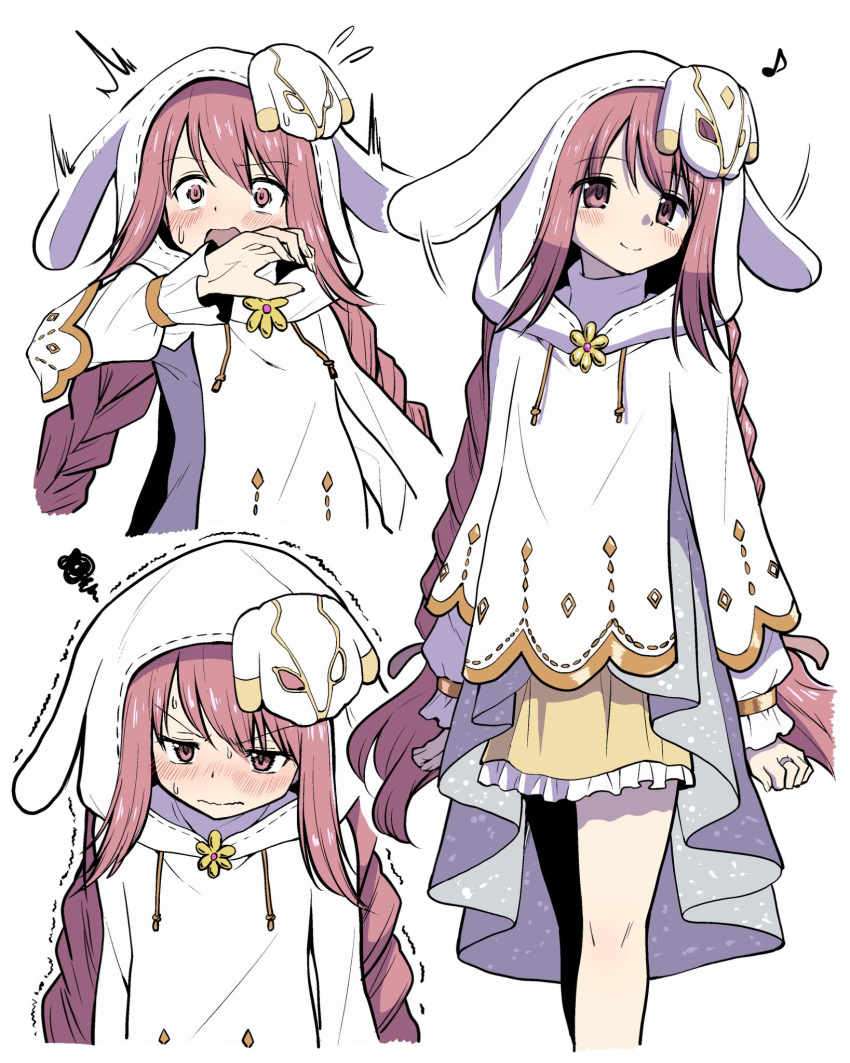 1girl, ^^^, animal_ears, animal_hood, blush, braid, cloak, closed_mouth