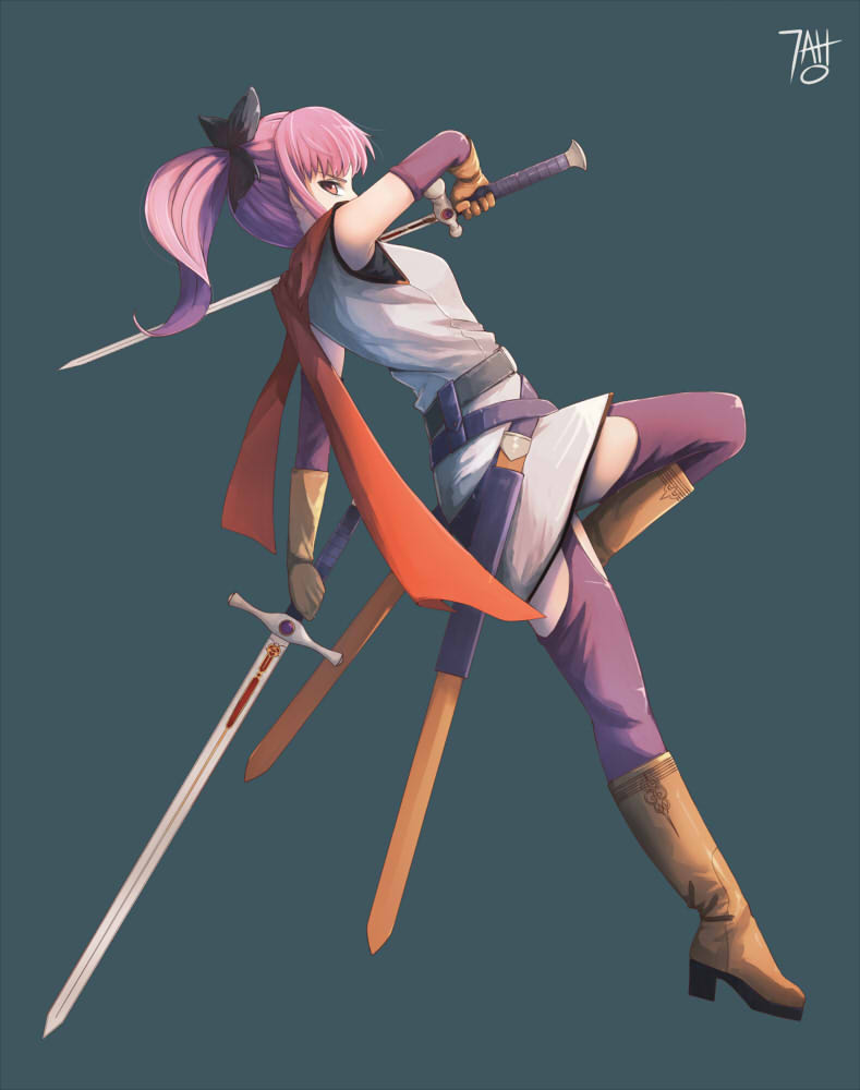 1girl, aqua_background, arm_up, belt, black_bow, boots, bow, brown_footwear