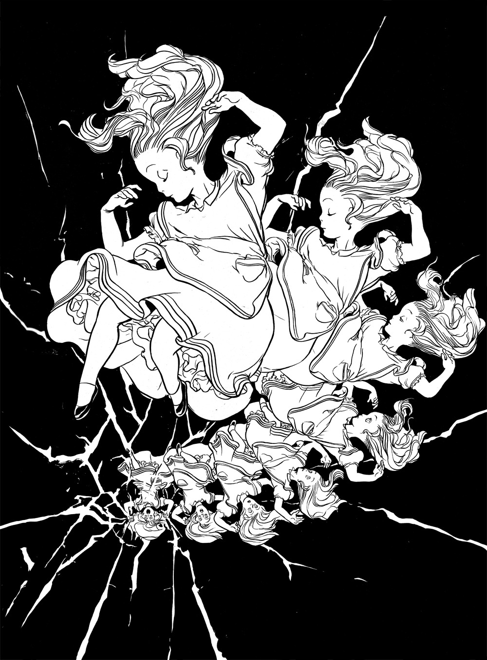 6+girls, abstract_background, alice_(alice_in_wonderland), alice_in_wonderland, ankle_socks, apron, black_background, child