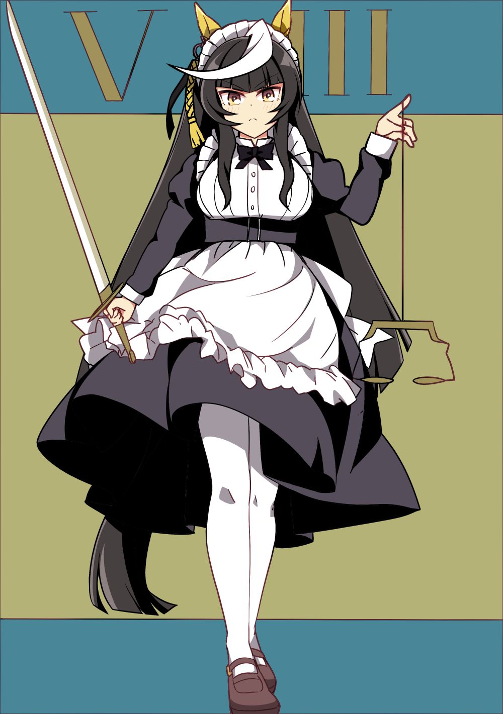 1girl, ahoge, alternate_costume, animal_ears, breasts, calstone_light_o_(umamusume), closed_mouth, commentary_request, enmaided, full_body, highres, horse_ears, horse_girl, horse_tail, long_hair, looking_at_viewer, maid, maid_headdress, medium_breasts, pantyhose, standing, sword, tail, umamusume, wahiko_(black_bastard), weapon, yellow_eyes