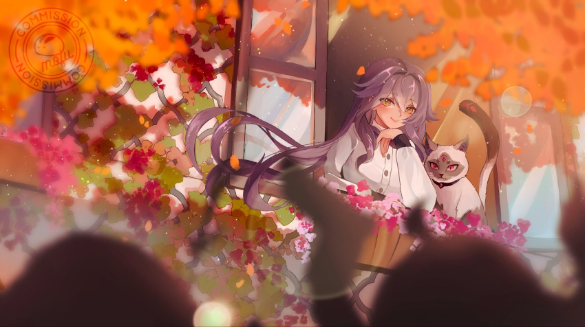1girl, animal, cat, closed_mouth, commission, flower, hair_between_eyes, head_rest