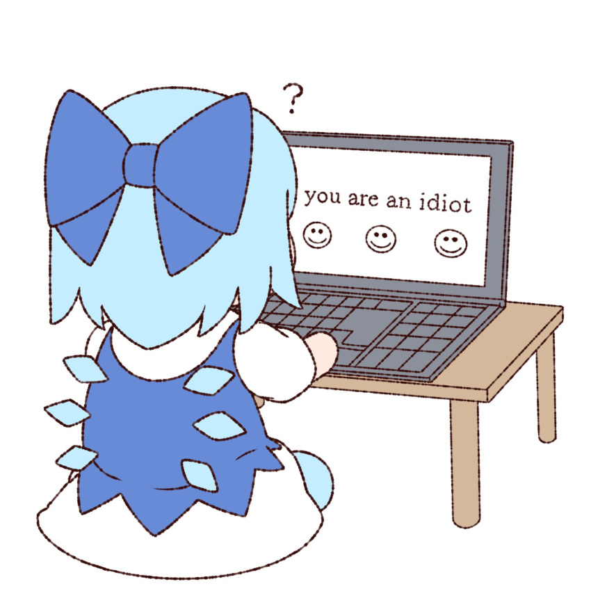 1girl, ?, aqua_footwear, aqua_hair, blue_bow, blue_dress, bow, cirno