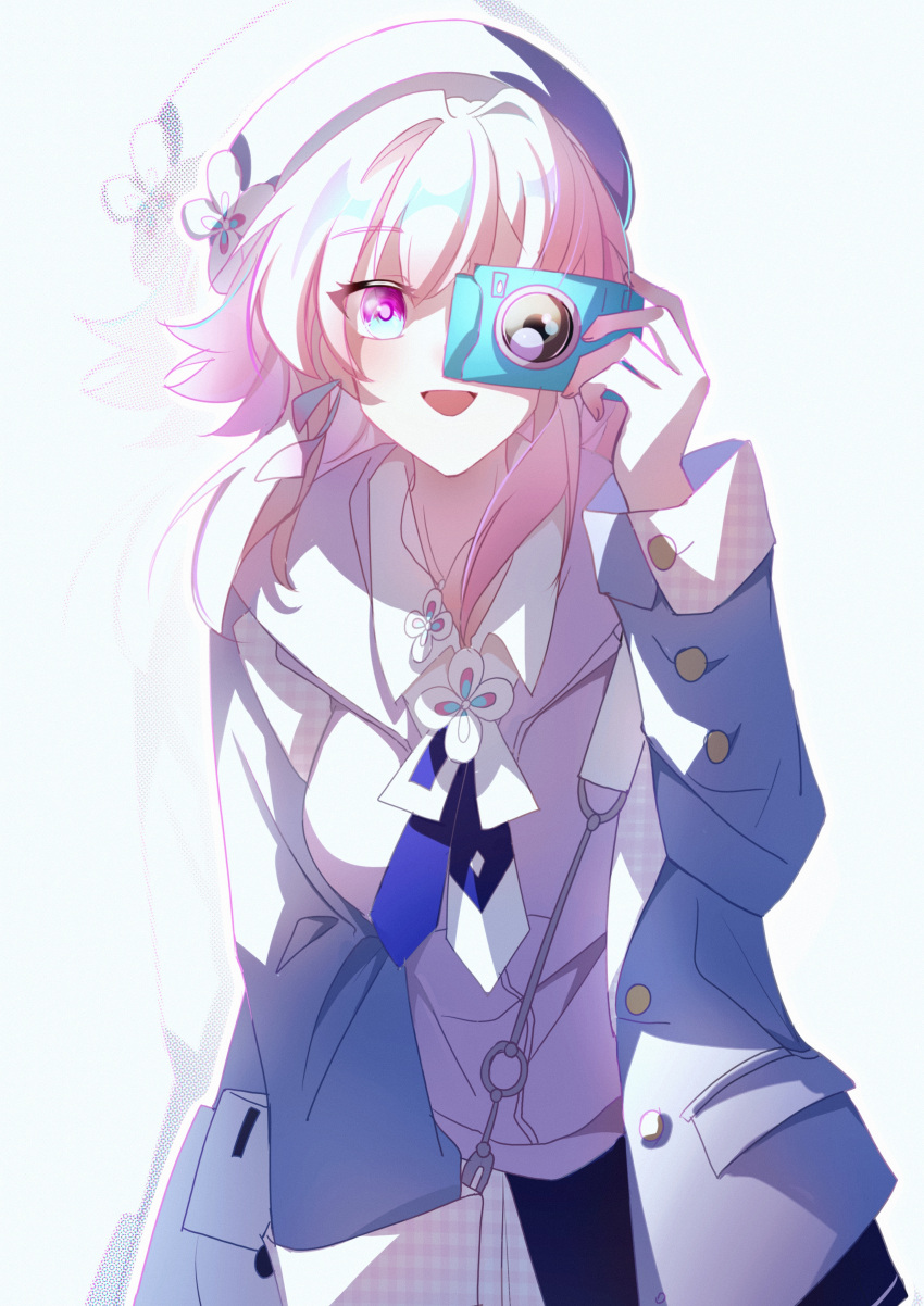 1girl, :d, absurdres, beret, blue_eyes, blue_jacket, camera, grey_shirt, hat, highres, holding, holding_camera, honkai:_star_rail, honkai_(series), jacket, kpokaht029, long_hair, long_sleeves, looking_at_viewer, march_7th_(apparel)_(honkai:_star_rail), march_7th_(honkai:_star_rail), open_clothes, open_jacket, open_mouth, pink_hair, shirt, smile, solo, two-tone_eyes, violet_eyes