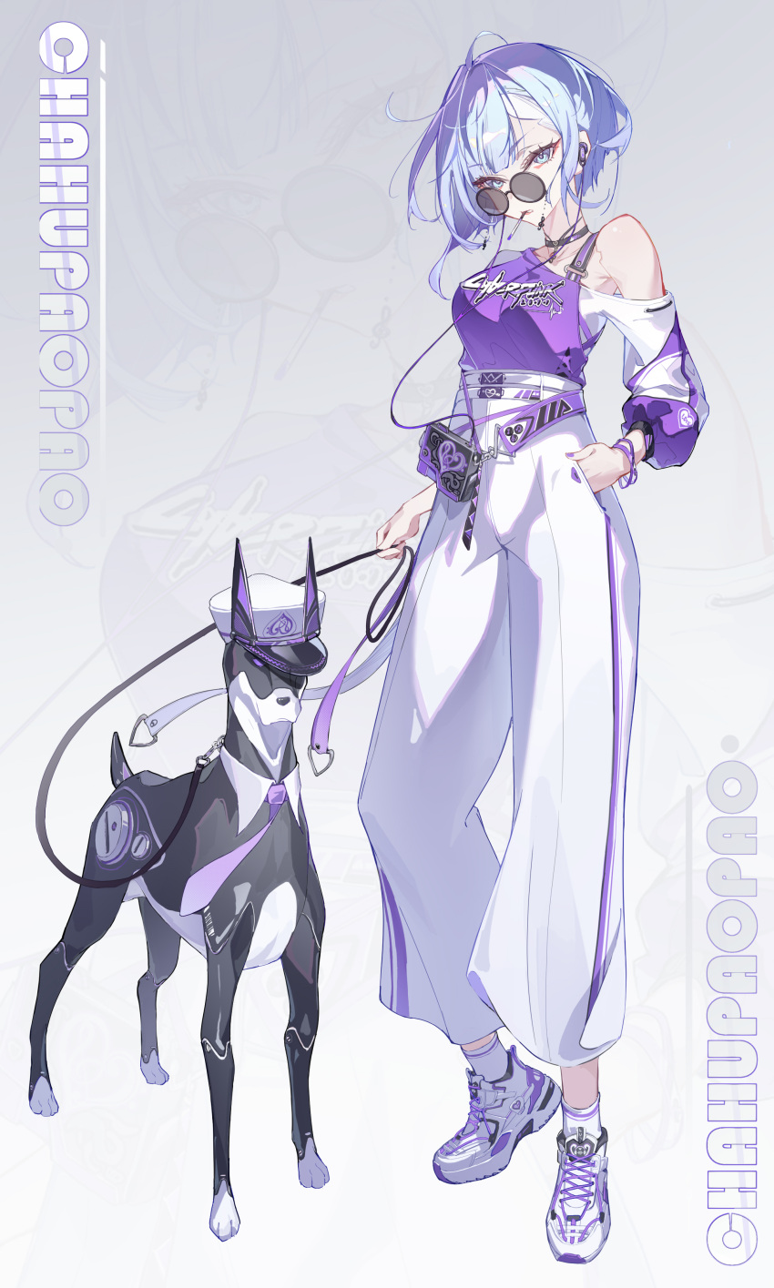 absurdres, alternate_costume, artist_name, black_choker, blue_eyes, blue_hair, breasts, chahu_pao, choker, cigarette, clothes_writing, collarbone, commentary, cyberpunk_(series), earphones, eyeliner, full_body, hand_in_pocket, high-waist_pants, highres, holding, holding_leash, large_breasts, leash, looking_at_viewer, lucy_(cyberpunk), makeup, nail_polish, non-humanoid_robot, pants, pince-nez, purple_nails, purple_shirt, red_eyeliner, robot, robot_animal, robot_dog, round_eyewear, shirt, short_hair, single_bare_shoulder, single_off_shoulder, standing, sunglasses, white_pants, white_sneakers, zoom_layer