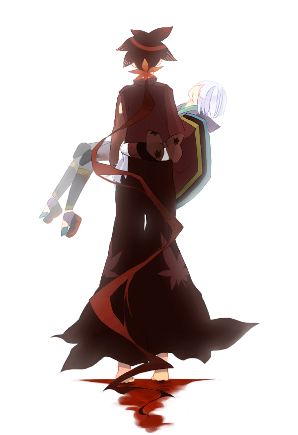 artist_request, blood, brown_hair, carrying, from_behind, hair_ornament, japanese_clothes, katanagatari, leaf, long_hair, maple_leaf, mikechato, princess_carry, sandals, shiyoko_(syokorate), simple_background, spoilers, togame, very_long_hair, white_hair, yasuri_shichika