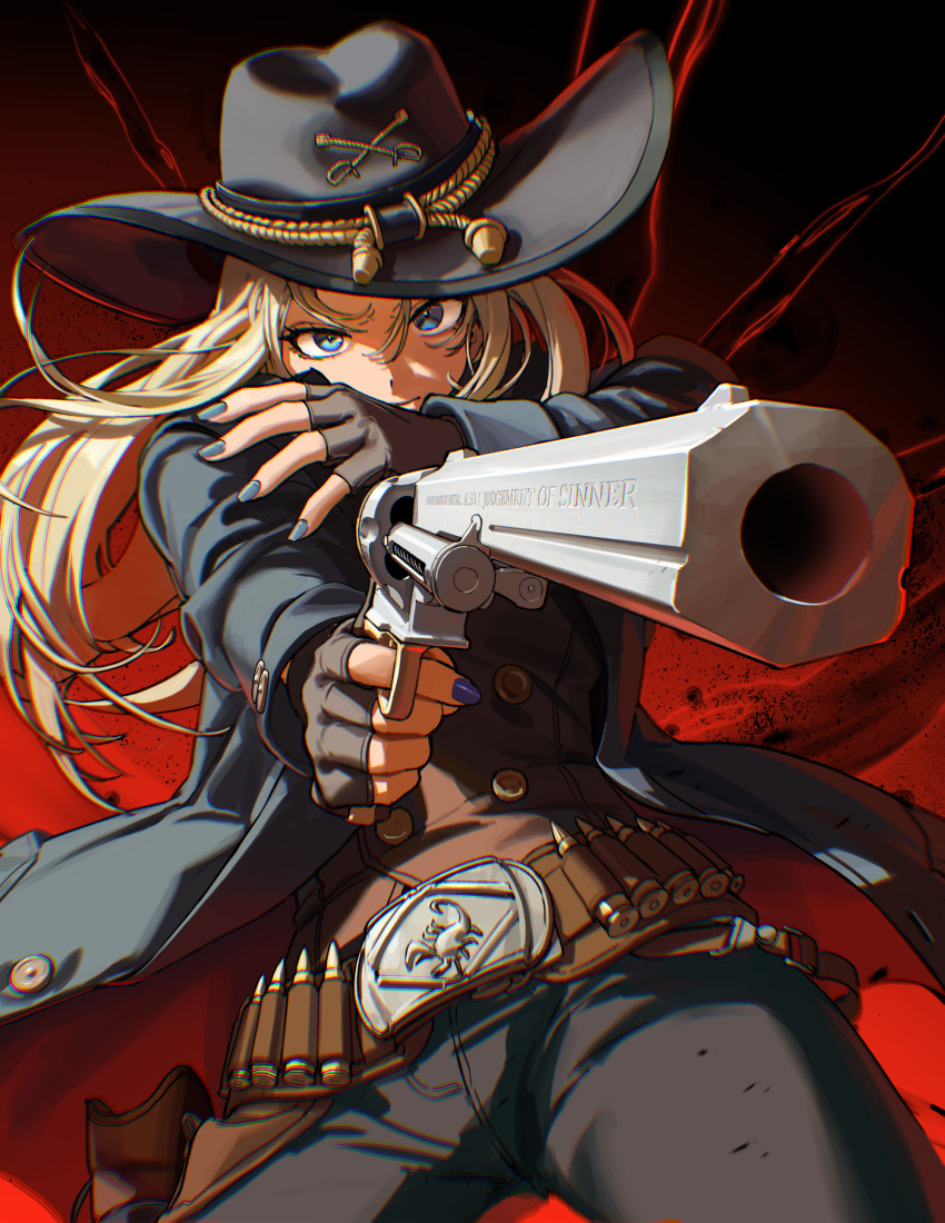 1girl, absurdres, aiming, belt, belt_buckle, black_gloves, black_pants, blonde_hair