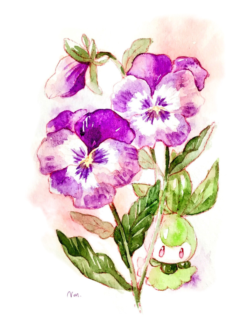 bright_pupils, colored_pencil_(medium), flower, full_body, highres, leaf, looking_at_viewer, no_humans