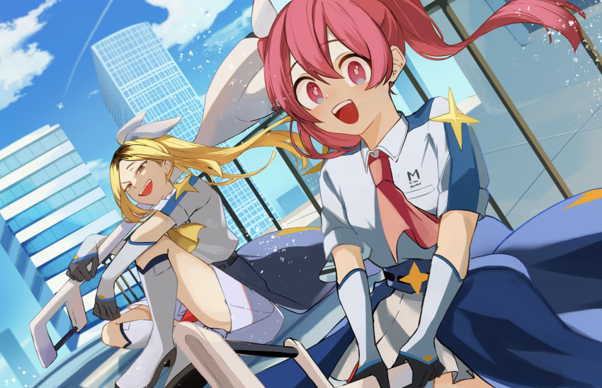2girls, artist_request, ascot, black_gloves, blonde_hair, boots, brown_hair, building
