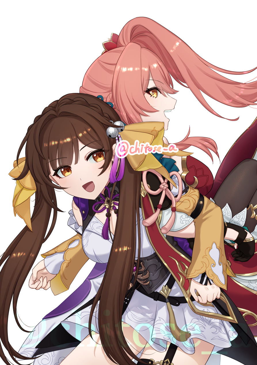 2girls, brown_eyes, brown_hair, chicori-ta-ta-ta, dress, guinaifen_(honkai:_star_rail), highres, honkai:_star_rail, honkai_(series), low_twintails, multiple_girls, pink_hair, simple_background, smile, sushang_(honkai:_star_rail), twintails, twitter_username, white_background, white_dress
