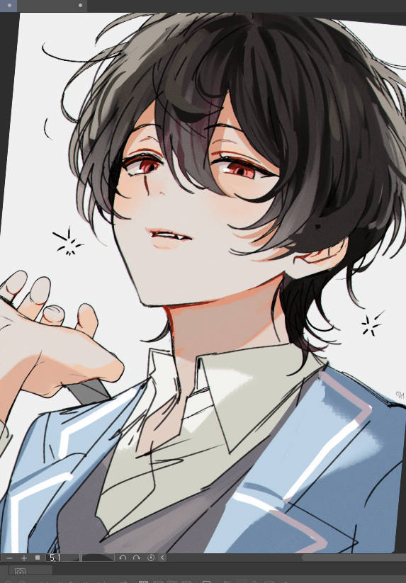 1boy, art_program_in_frame, black_hair, blush, collared_shirt, double-parted_bangs, ensemble_stars!, fang