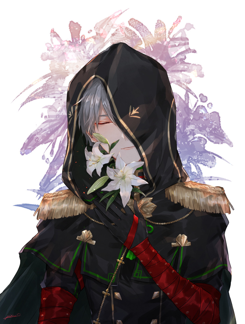 1boy, absurdres, bandaged_arm, bandages, black_gloves, capelet, closed_eyes, epaulettes