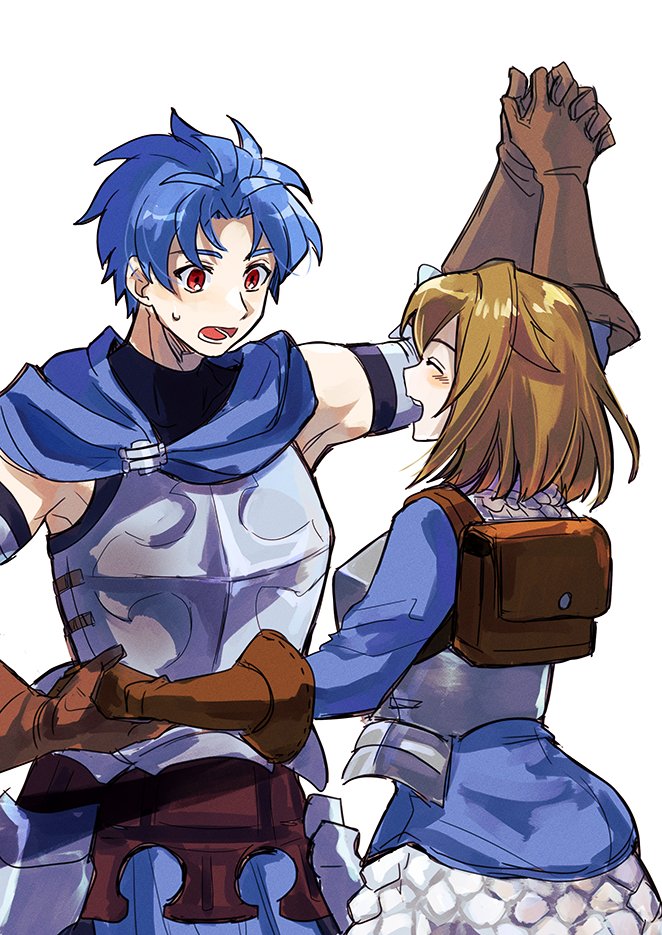1boy, 1girl, alain_(unicorn_overlord), armor, blue_hair, breastplate, brown_gloves, brown_hair, cape, chloe_(unicorn_overlord), closed_eyes, curtained_hair, dancing, gloves, open_mouth, red_eyes, simple_background, smile, sweatdrop, unicorn_overlord, white_background, yk_rkgk8