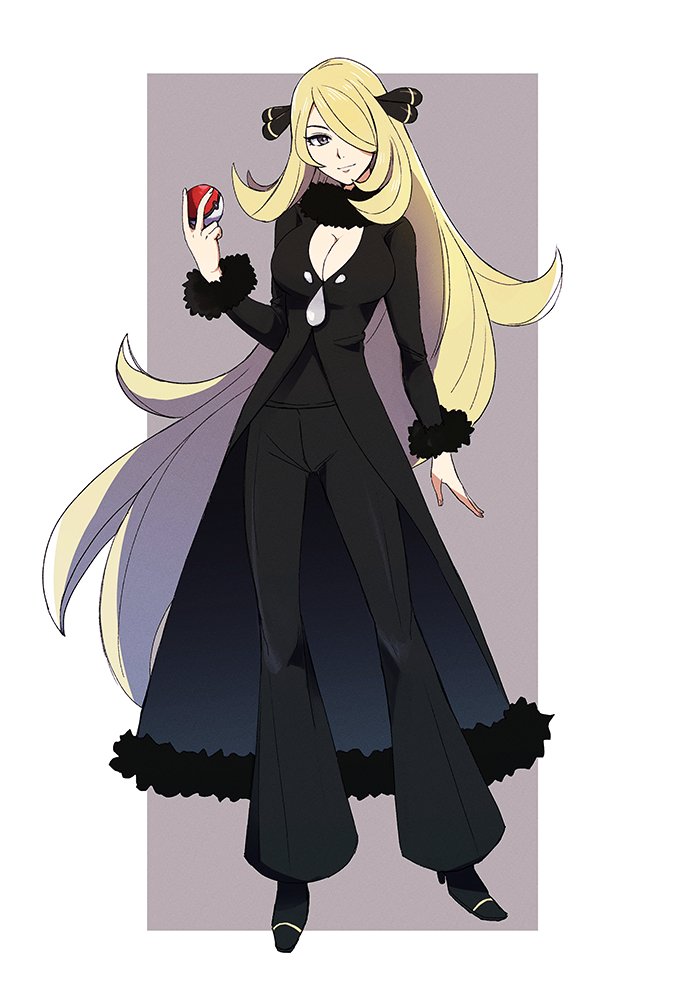 1girl, blonde_hair, breasts, brown_background, cleavage_cutout, clothing_cutout, coat, cynthia_(pokemon), full_body, fur_collar, fur_trim, grey_eyes, hair_ornament, hair_over_one_eye, high_heels, holding, holding_poke_ball, large_breasts, long_hair, long_sleeves, looking_at_viewer, parted_bangs, poke_ball, sidelocks, simple_background, smile, solo, two-tone_background, very_long_hair, white_background, yk_rkgk8