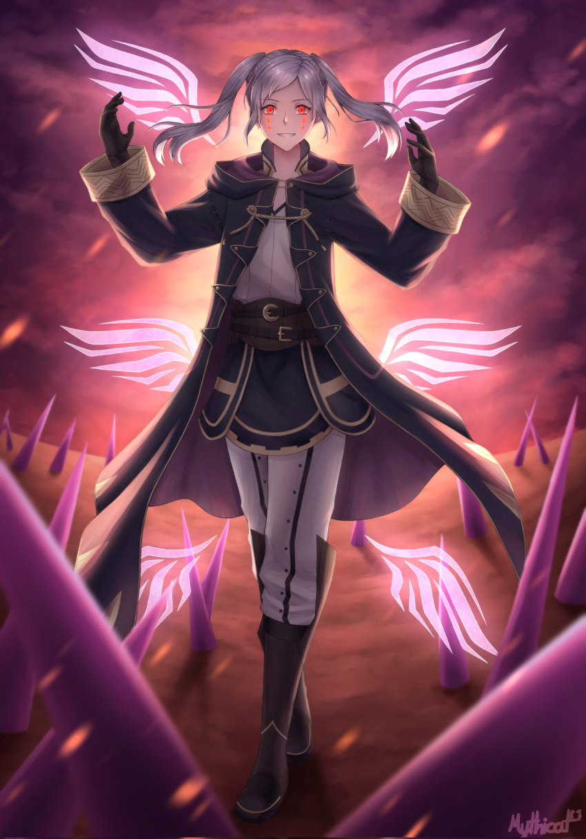 1girl, aura, black_gloves, boots, brown_footwear, cape, dark_aura, dark_persona, evil_smile, eyes_of_grima, fire_emblem, fire_emblem_awakening, fire_emblem_heroes, gloves, grey_hair, grima_(fire_emblem), grin, hands_up, highres, hood, long_hair, long_sleeves, looking_at_viewer, mythicat, pants, possessed, red_eyes, robe, robin_(female)_(fire_emblem), robin_(fire_emblem), smile, solo, spikes, twintails, walking, white_hair, wings