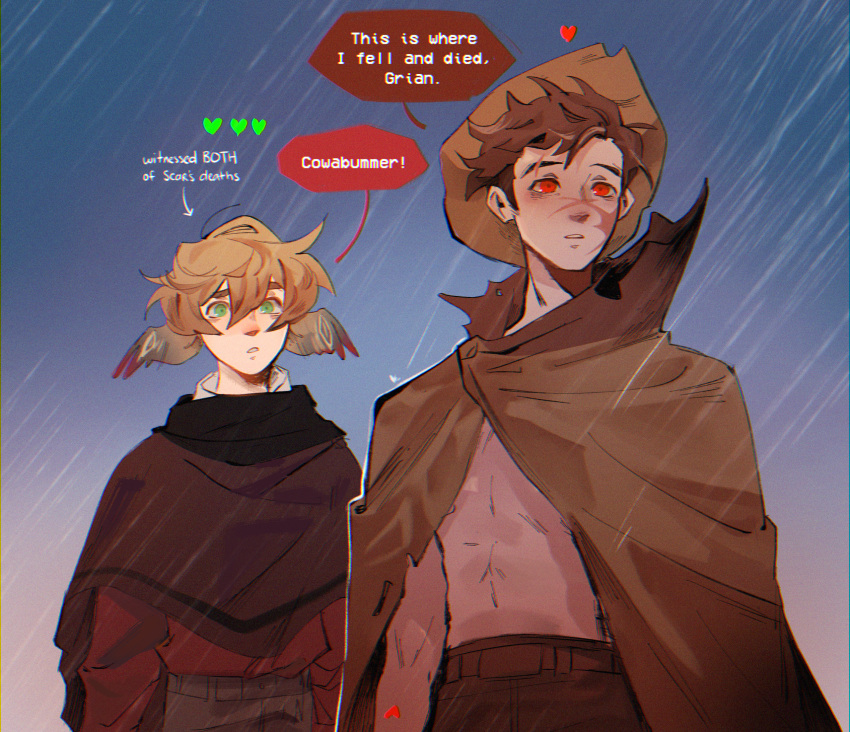 2boys, 3rd_life_smp, abs, bare_pectorals, blonde_hair, blue_background, blue_sky, brown_cloak