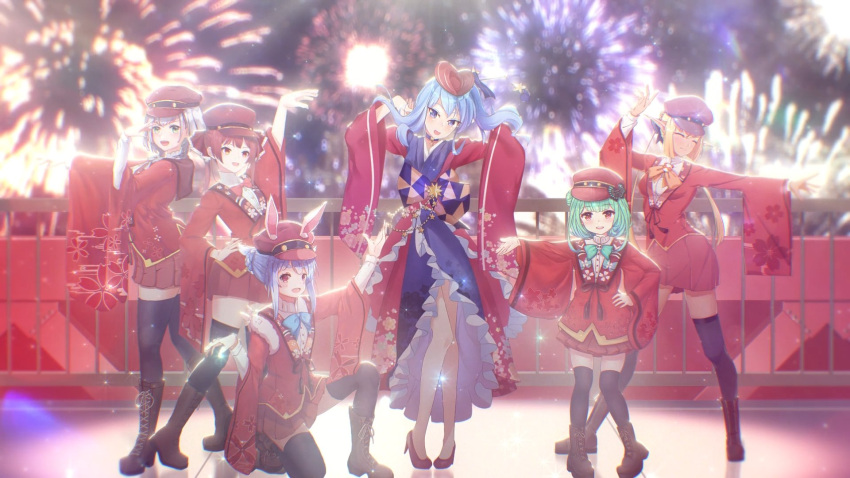 6+girls, :3, alset, alternate_costume, alternate_hairstyle, animal_ears, arm_up, arms_up