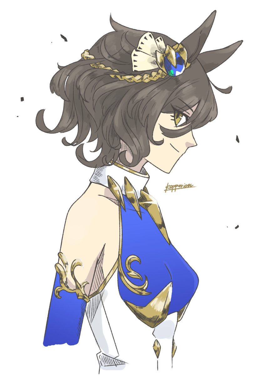1girl, absurdres, bare_shoulders, breasts, brown_hair, ear_ornament, genderswap, genderswap_(mtf)