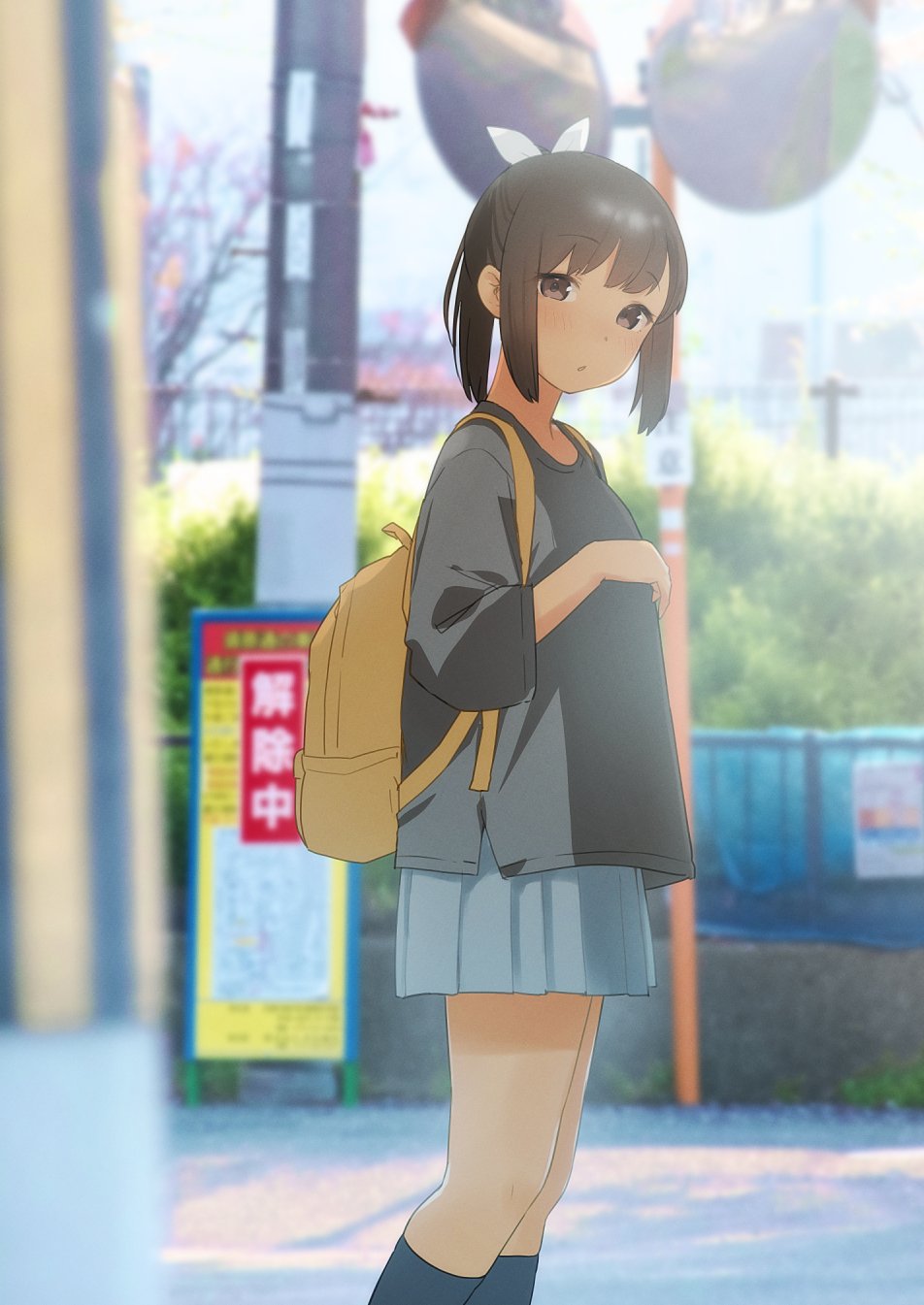 1girl, backpack, bag, black_socks, blue_skirt, blush, bow, brown_eyes