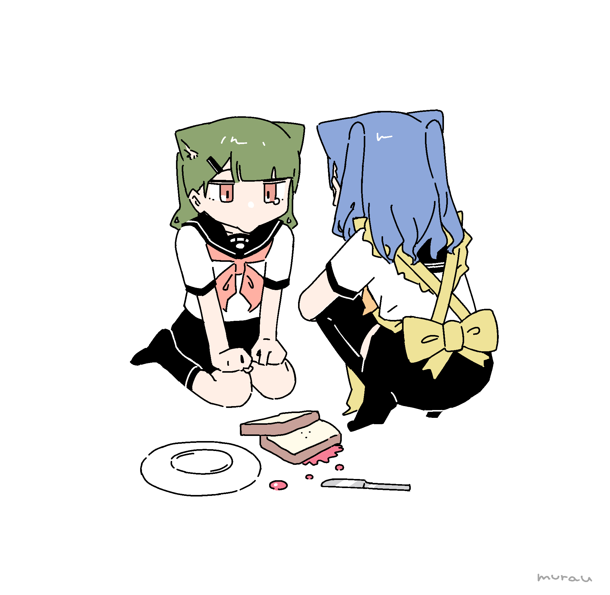 animal_ears, apron, black_socks, black_thighhighs, blue_hair, bow, bowtie, bread, bread_slice, cat_ears, cat_girl, food, green_hair, highres, naco-chan, original, plate, rag-chan, red_bow, red_bowtie, red_eyes, rid0922, school_uniform, serafuku, sitting, skirt, socks, squatting, tears, thigh-highs, toast