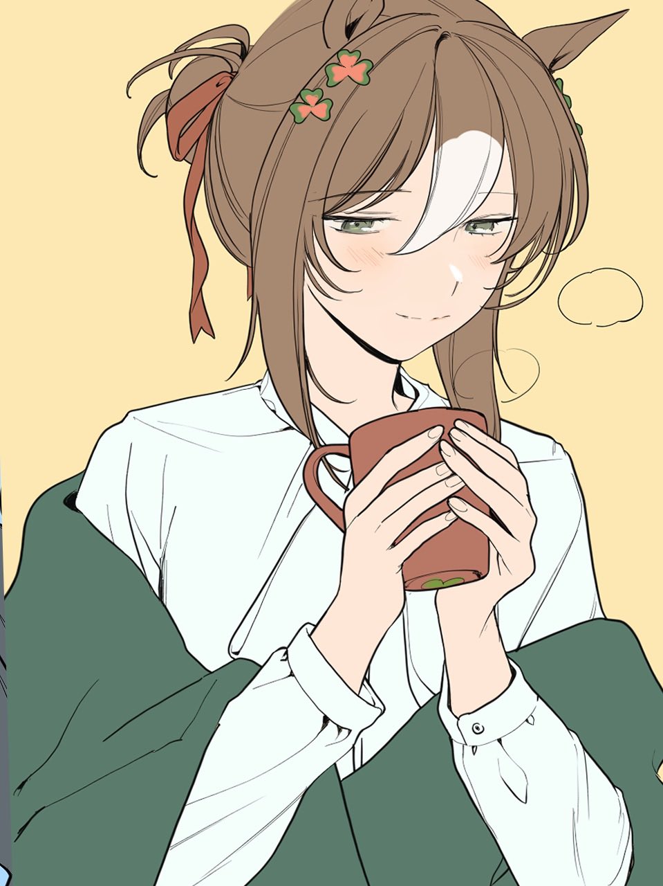 1girl, animal_ears, brown_hair, closed_mouth, coat, cropped, cup, fine_motion_(umamusume)