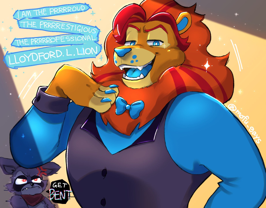 2boys, anger_vein, angry, animal_ears, black_vest, blue_bow, blue_bowtie, blue_eyes