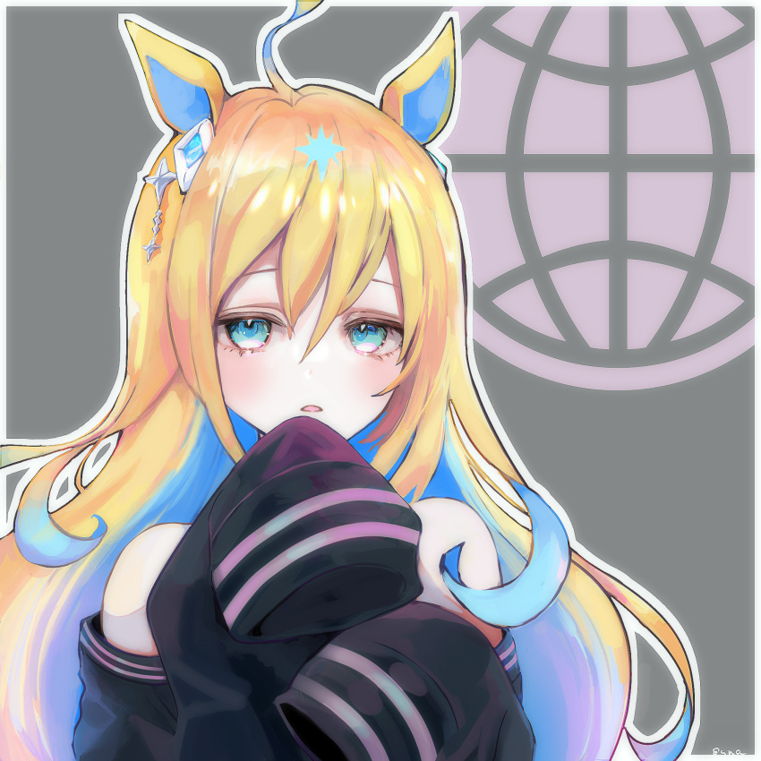 1girl, ahoge, animal_ears, bare_shoulders, blonde_hair, blue_eyes, blue_hair, colored_inner_hair