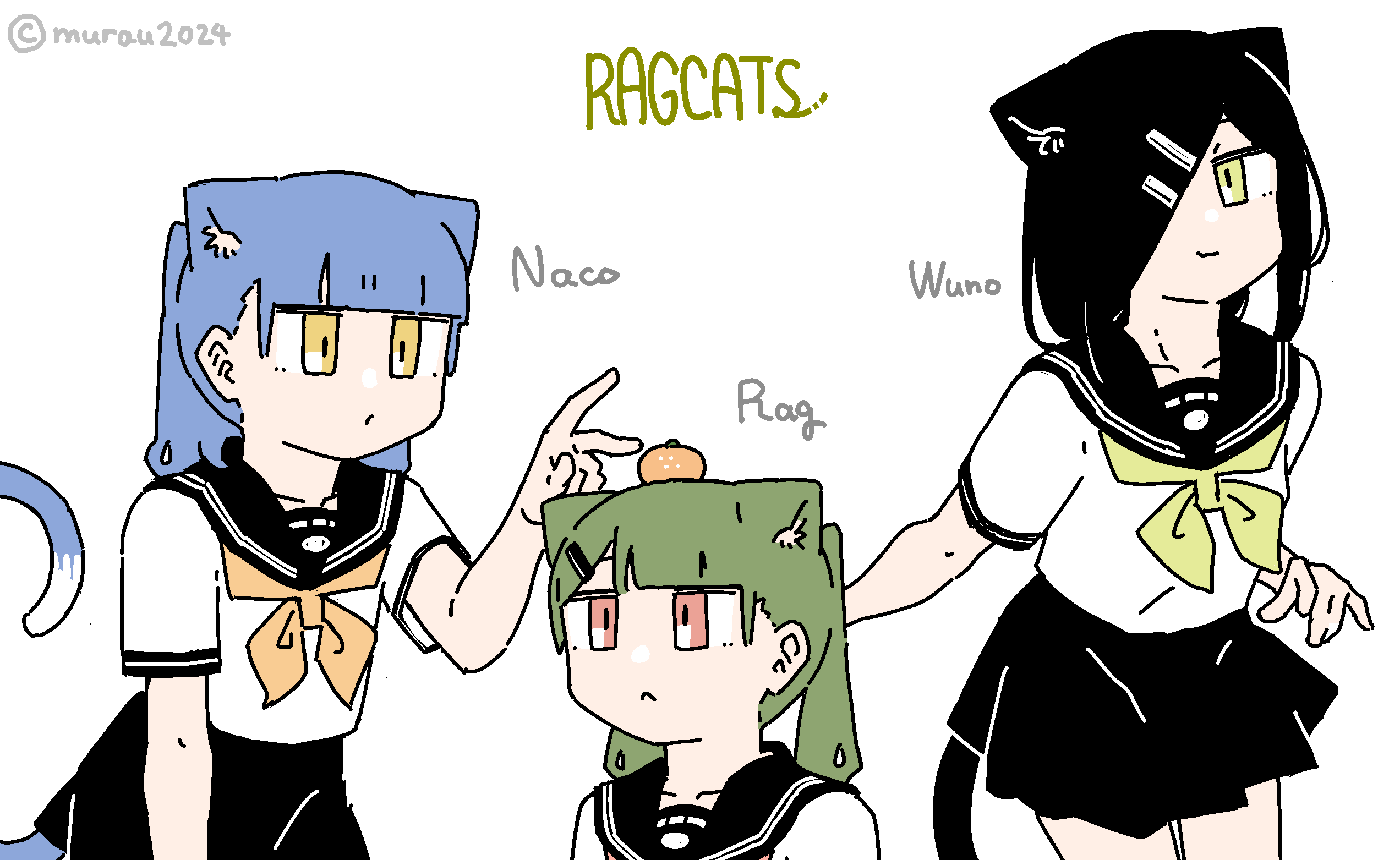 3girls, :<, animal_ears, black_hair, blue_hair, bow, bowtie, cat_ears, cat_girl, cat_tail, food, fruit, green_hair, highres, multiple_girls, naco-chan, orange_(fruit), original, rag-chan, red_eyes, rid0922, school_uniform, serafuku, skirt, tail, twintails, wuno-chan, yellow_eyes