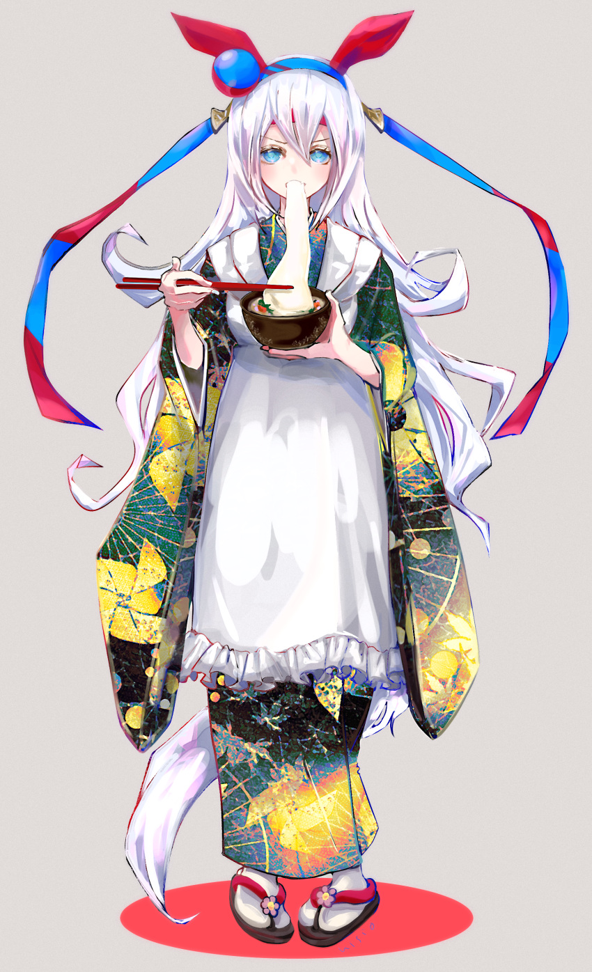 1girl, absurdres, alternate_costume, animal_ears, blue_eyes, blue_hairband, bowl, chopsticks
