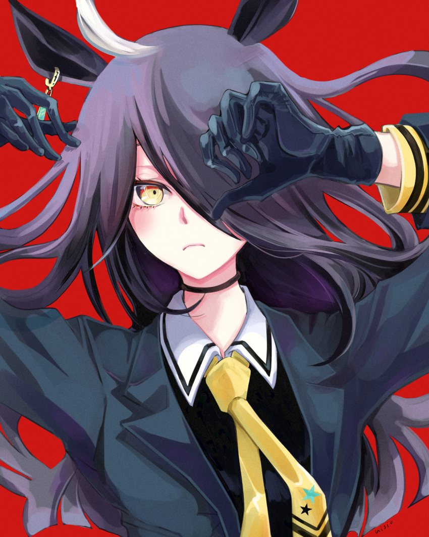 1girl, ahoge, animal_ears, artist_name, black_choker, black_gloves, black_hair, black_jacket