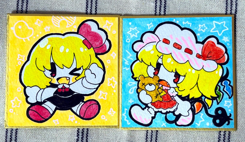 2girls, bear, bird, black_skirt, black_vest, blonde_hair, blue_background, blue_gemstone