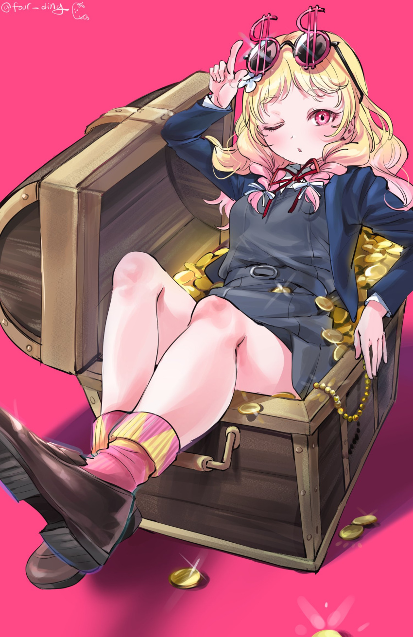 1girl, 4ding, blonde_hair, blue_jacket, brown_footwear, coin, collared_shirt, commentary, dollar_sign, dress, dress_shirt, eyewear_on_head, full_body, gold_coin, gradient_hair, grey_dress, highres, in_container, jacket, loafers, long_hair, long_sleeves, love_live!, love_live!_superstar!!, multicolored_hair, neck_ribbon, onitsuka_natsumi, open_clothes, open_jacket, pink_background, pink_eyes, pink_hair, pink_socks, red_ribbon, ribbon, round_eyewear, school_uniform, shirt, shoe_soles, shoes, short_dress, socks, solo, sunglasses, treasure_chest, white_shirt, winter_uniform, yuigaoka_school_uniform