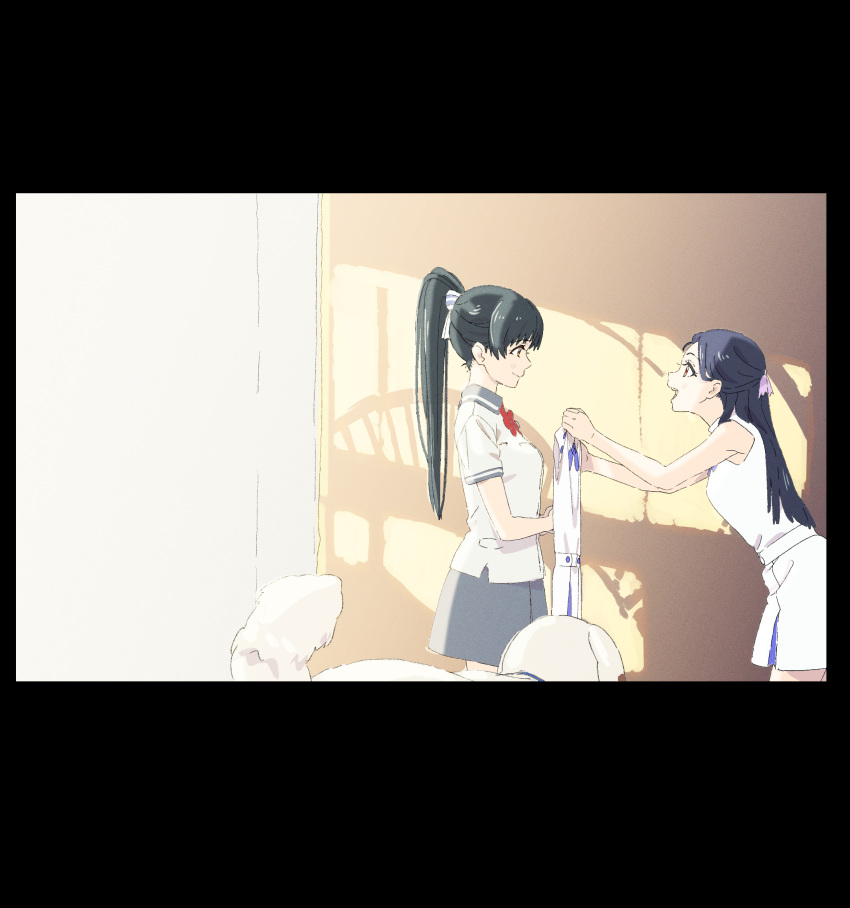 2girls, absurdres, black_border, black_hair, border, bow, bowtie, chibi_(love_live!_superstar!!)