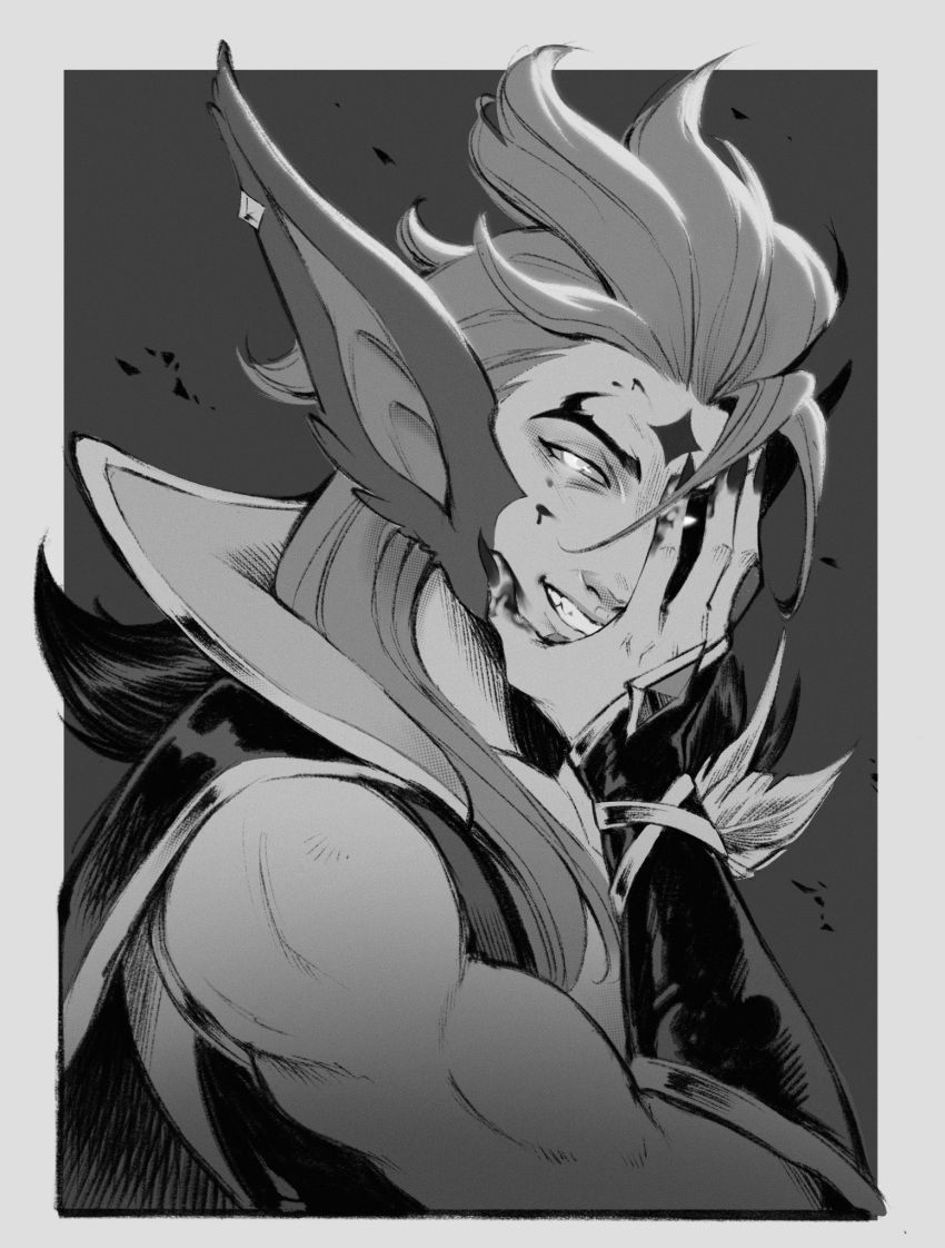 1boy, bare_shoulders, forehead_tattoo, from_side, green_(greeniris), grin, highres, league_of_legends