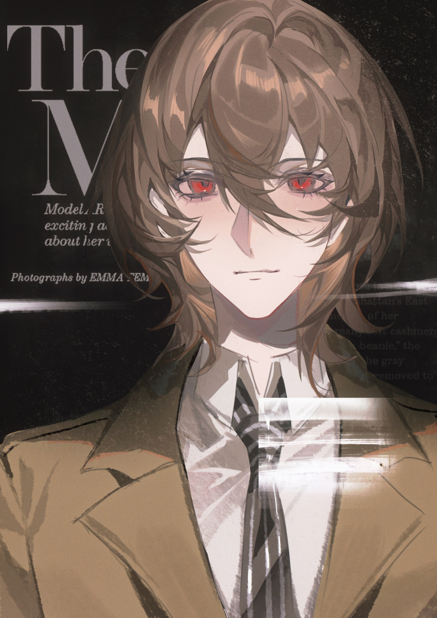 1boy, absurdres, akechi_gorou, baicumikuo, black_background, black_necktie, blush, brown_hair