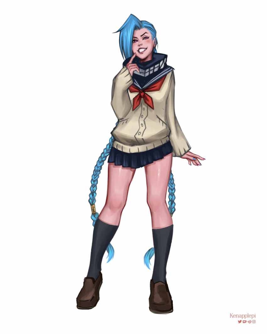 1girl, artist_name, asymmetrical_bangs, black_scarf, black_skirt, black_socks, braid, brown_cardigan