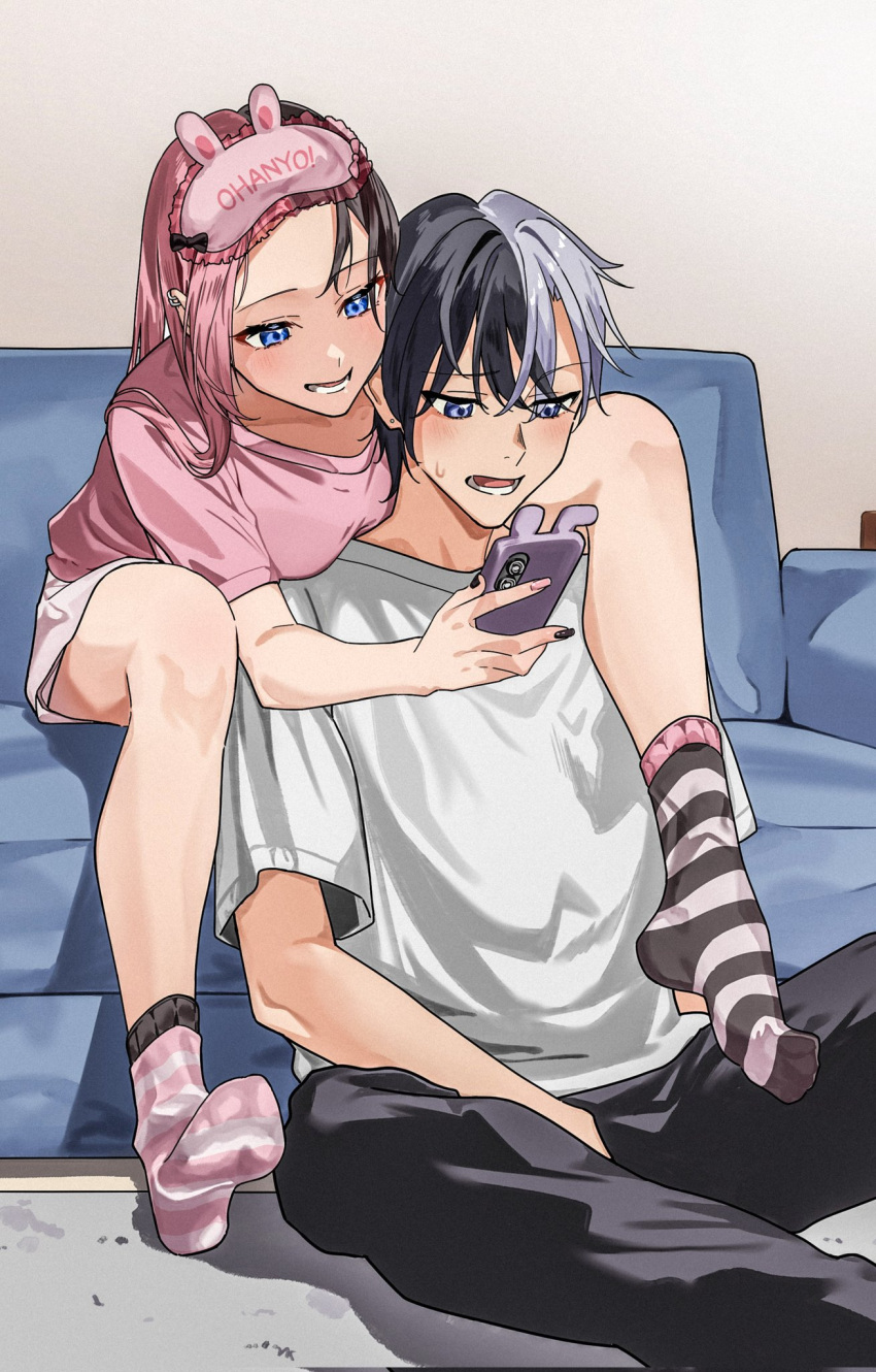 1boy, 1girl, black_hair, black_pants, blue_eyes, cellphone, collarbone, couch
