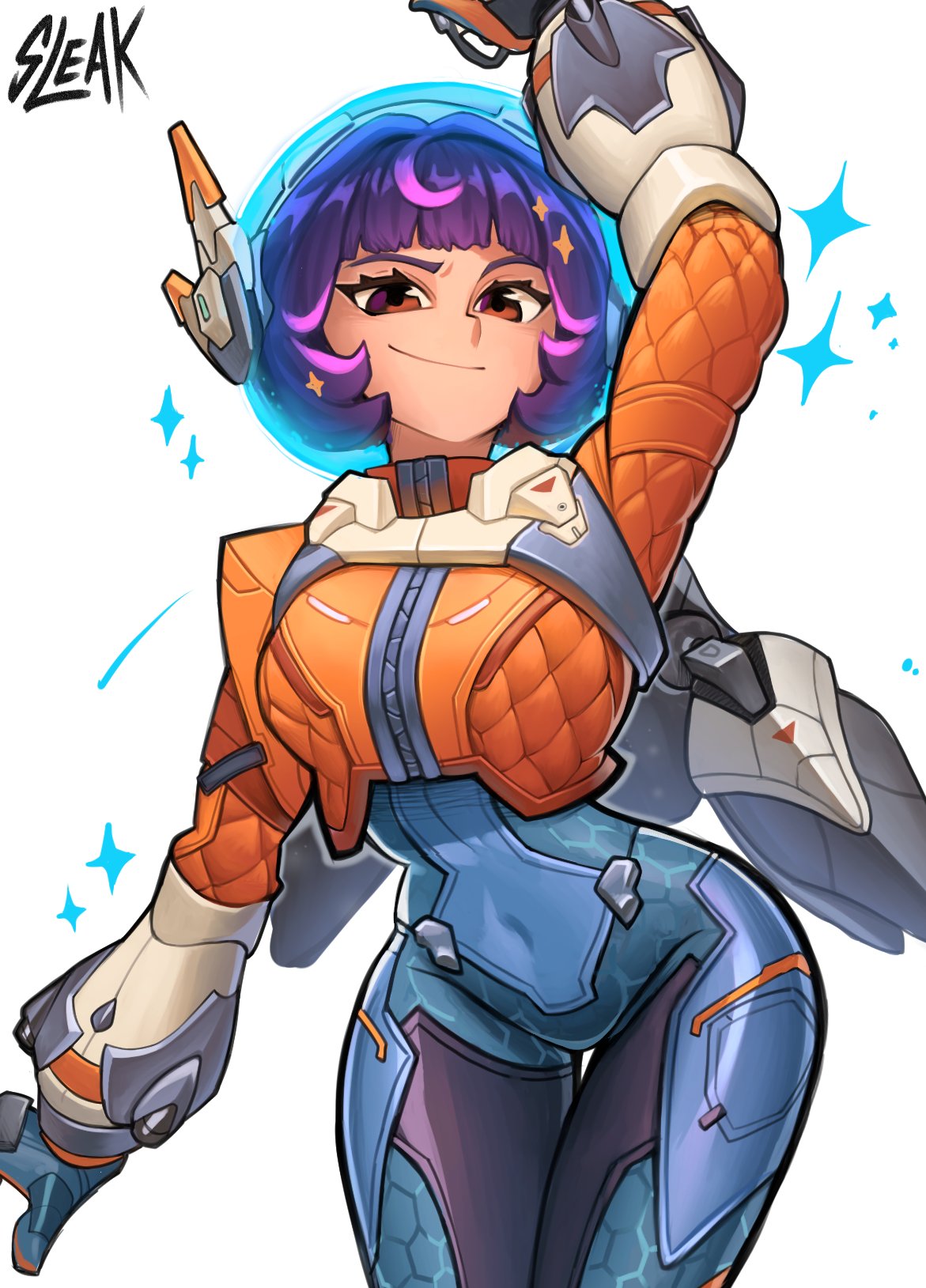 1girl, blue_bodysuit, bodysuit, breasts, brown_eyes, cyber_fashion, gloves, helmet