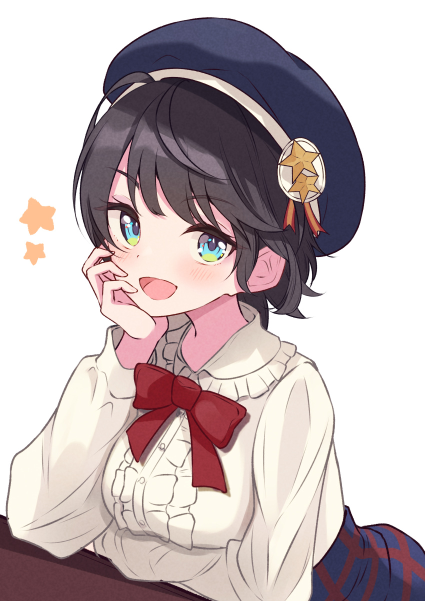 1girl, absurdres, aqua_eyes, beret, blue_hat, blue_skirt, blush, bow