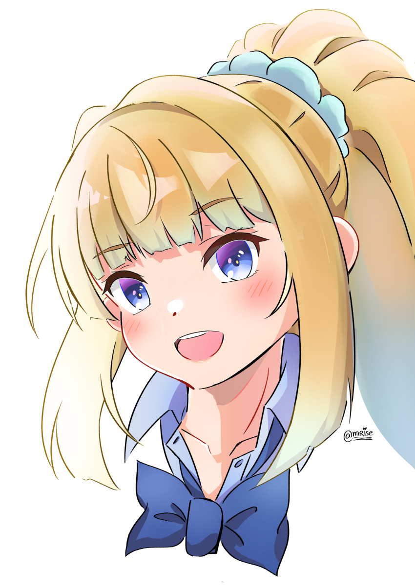 1girl, blonde_hair, blue_bow, blue_eyes, blue_scrunchie, bow, collared_shirt, highres, karuizawa_kei, light_blush, looking_at_viewer, mour_kun, ponytail, scrunchie, shirt, solo, twitter_username, white_background, youkoso_jitsuryoku_shijou_shugi_no_kyoushitsu_e