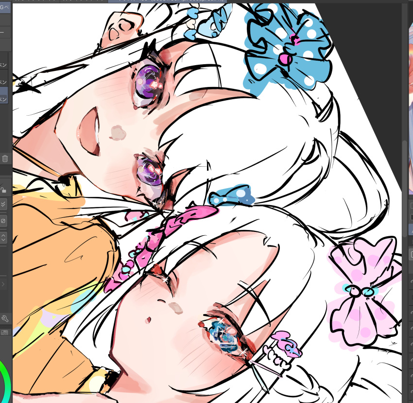 2girls, :d, ;o, art_program_in_frame, blue_eyes, blush, bow, bow-shaped_hair