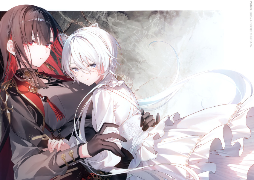 2girls, absurdres, black_gloves, black_hair, blue_hair, closed_mouth, dress, fiona_(toosaka_asagi)