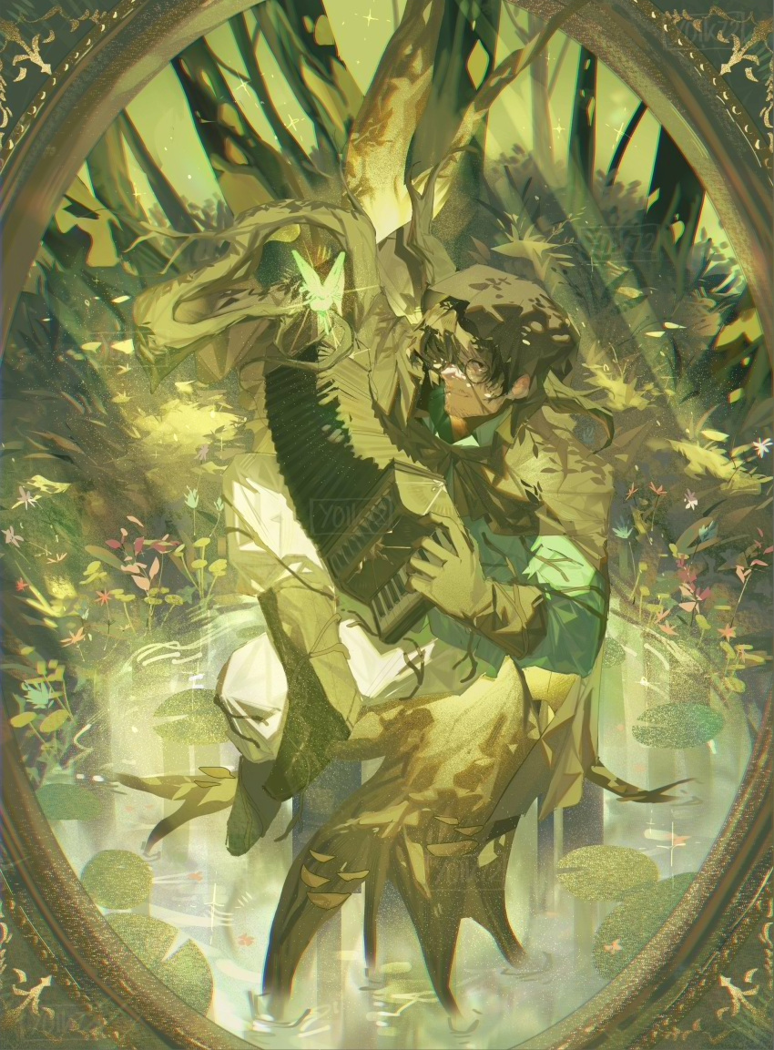 1boy, absurdres, brown_eyes, brown_hair, closed_mouth, dappled_sunlight, day, e.g.o_(project_moon), faelantern_(project_moon), fairy, flower, forest, grass, gregor_(project_moon), highres, lantern_(e.g.o), leaf, limbus_company, looking_at_viewer, low_ponytail, monocle, nature, outdoors, pants, parted_bangs, pink_flower, plant_roots, project_moon, purple_flower, sitting, smile, solo, sunlight, tree, white_pants, yolk72