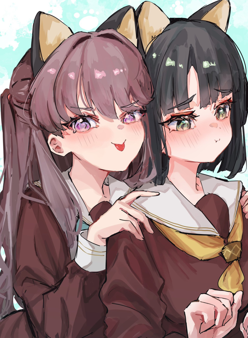 2girls, :p, aqua_neckerchief, black_hair, blue_background, blunt_bangs, blunt_ends, blush