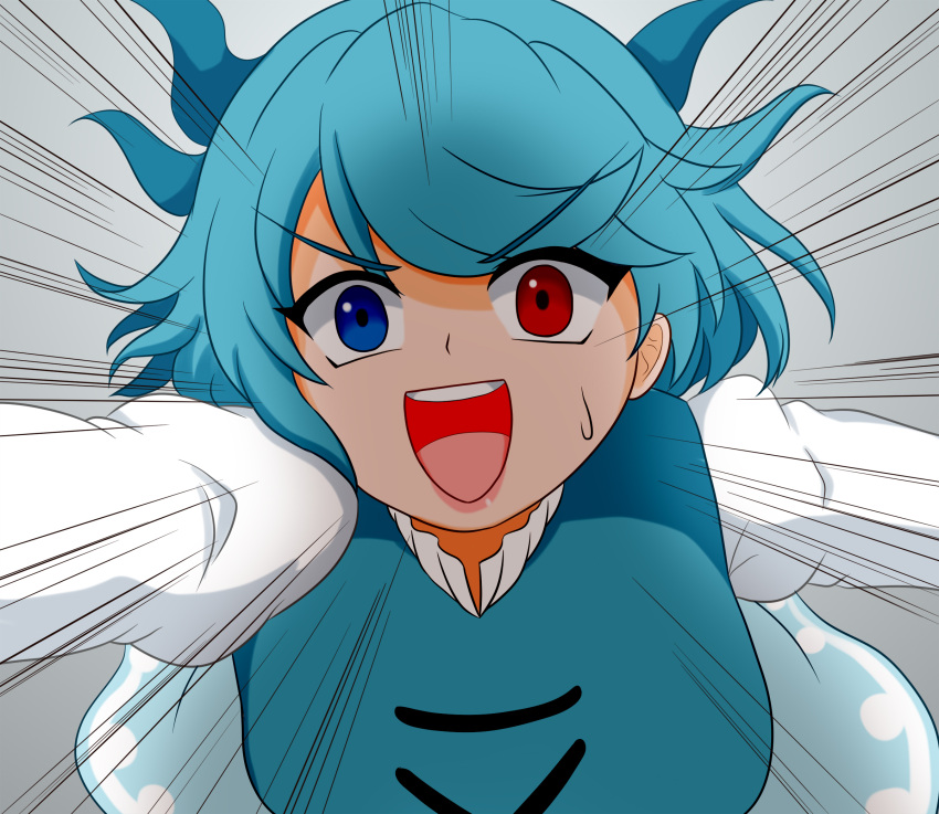 1girl, :d, aqua0412, blue_eyes, blue_hair, blue_skirt, blue_vest, breasts, commentary_request, emphasis_lines, grey_background, heterochromia, highres, jumping, large_breasts, long_sleeves, looking_at_viewer, open_mouth, red_eyes, short_hair, skirt, smile, solo, sweatdrop, tatara_kogasa, teeth, touhou, upper_teeth_only, v-shaped_eyebrows, vest, white_skirt